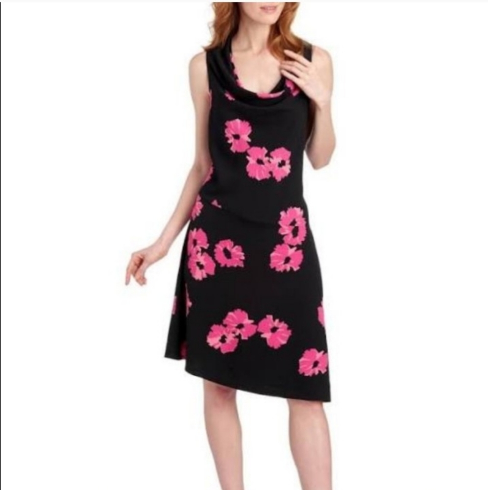 Anne Klein - Black & Pink Floral Sleeveless Asymmetrical Hem Dress Size L